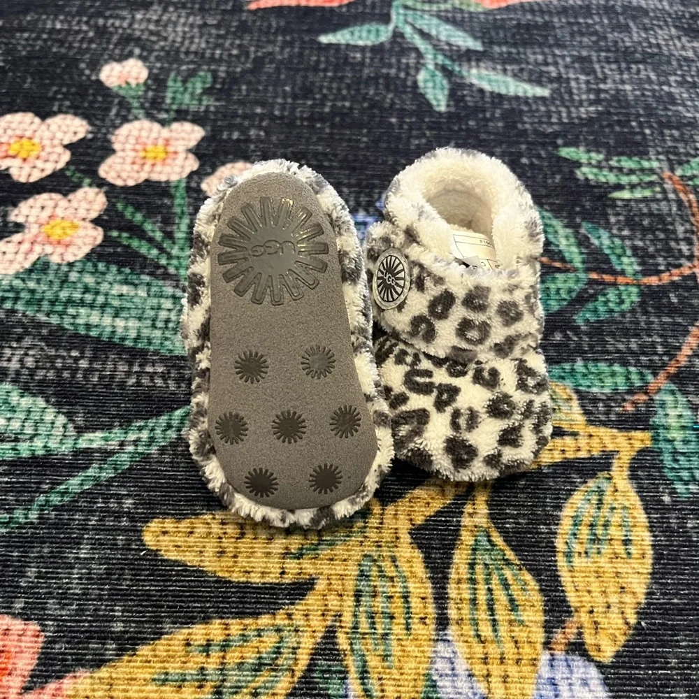 UGG Gray and Cream Leopard Faux Fur Baby Booties